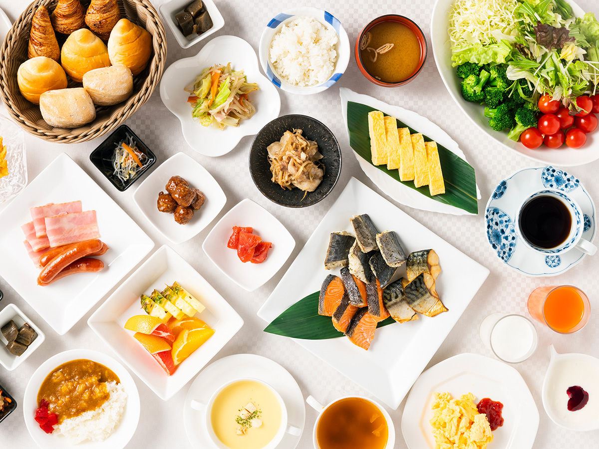 熊本県 八代グランドホテルの朝食バイキング。熊本で育った素材を使用した25品以上の和洋ビュッフェ撮影した鳥観図