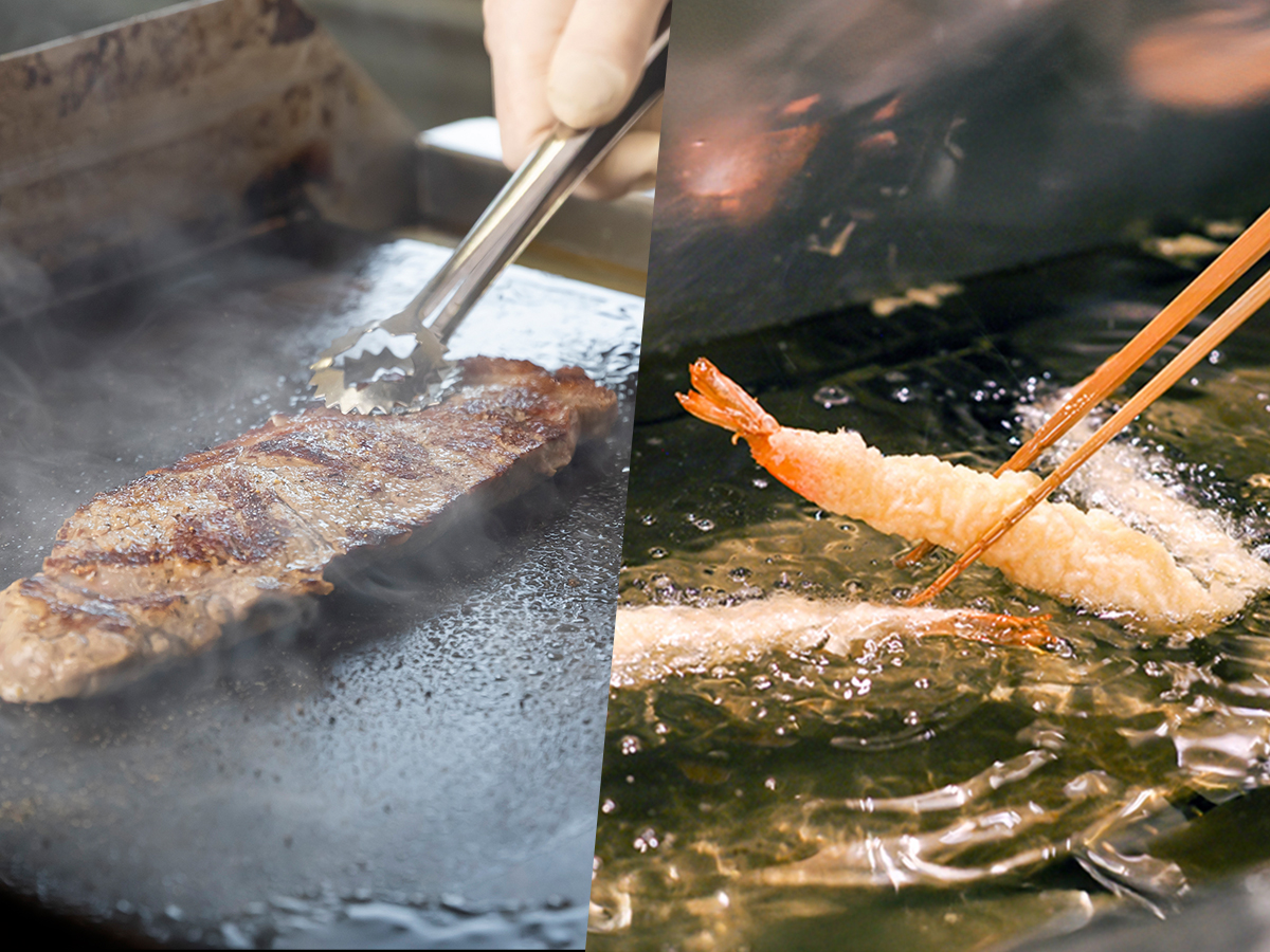 夕食バイキングのオープンキッチンでシェフが仕上げるステーキと天ぷらのイメージ